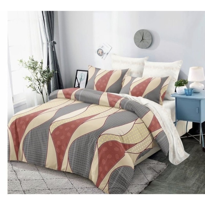 Set Lenjerie de pat dublu, 6 piese, cu imprimeu abstract, Cearceaf de pat cu elastic 180x200 cm, Cearceaf pilota 200x230 cm, 2 fete de perna 70x70 cm, 2 fete de perna 50x70, crem-gri