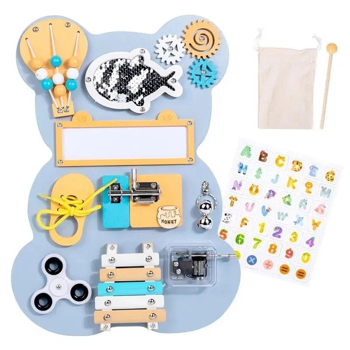 Jucarie interactiva busy board Montessori din lemn cu activitati multiple pentru copii 1-3 ani, SALLMA®