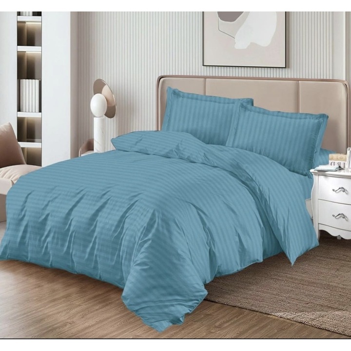 Lenjerie de pat dublu, cearsaf cu elastic, Damasc, 4 piese, Uni, 180x200cm, 2 Fete de Perna 50x70, Albastru Deschis