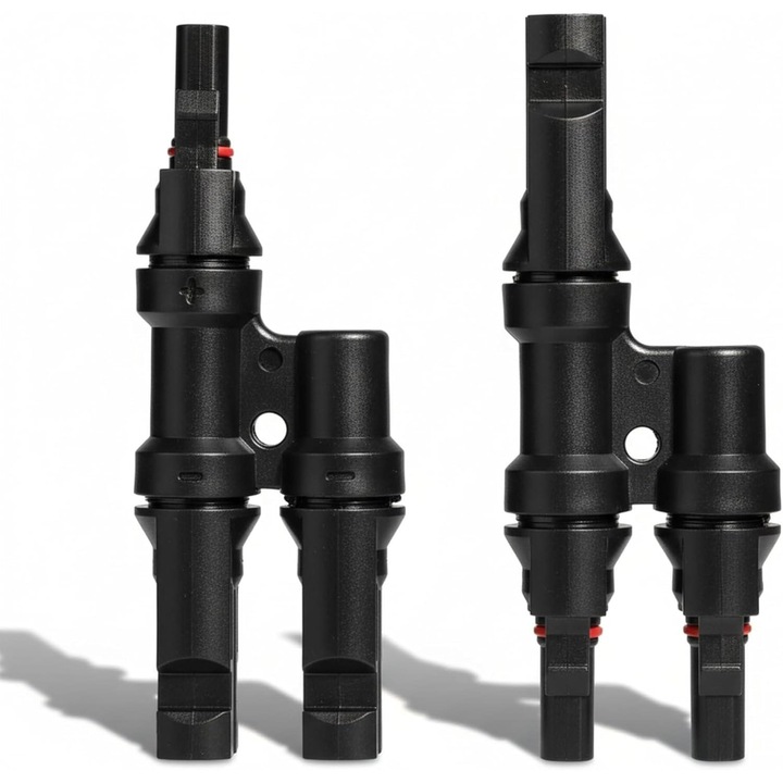 Splitter conector solar MC4 tip T 1 la 2 – pereche M→FF + F→MM, 1500V DC 50A, IP68, material PPO, rezistent UV, pentru cabluri 2.5 mm2, 4 mm2, 6 mm2 – Onuvio®