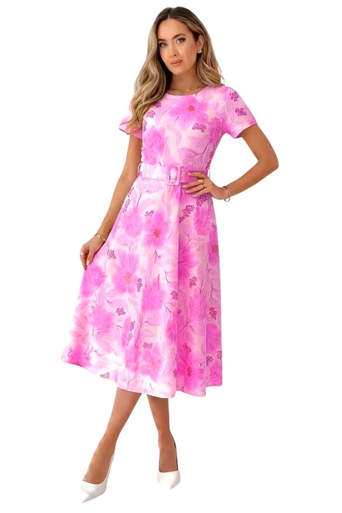 Rochie Nayla de vara, cu falduri si imprimeu floral, Fucsia, Marime universala S/M, FY FashionForYou