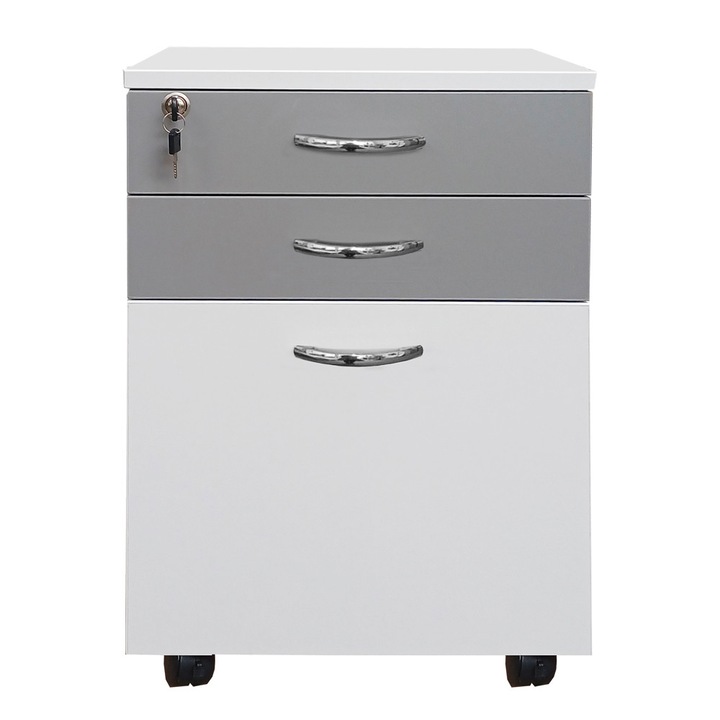 Rollbox office 3 sertare soft si unul cu suport dosare, pal alb/ gri, 43 x 58 x 61 cm