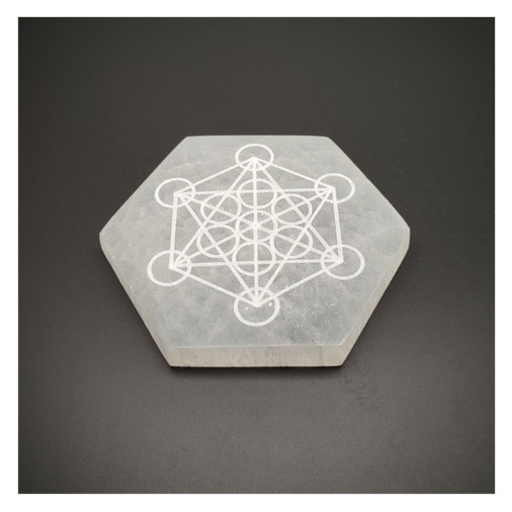 Placă hexagonală de selenit cu model Metatron 10 cm