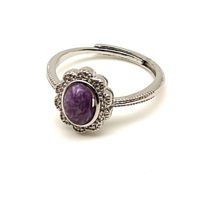 Inel cu piatră charoită, reglabil, 8x5mm, pentru echilibru