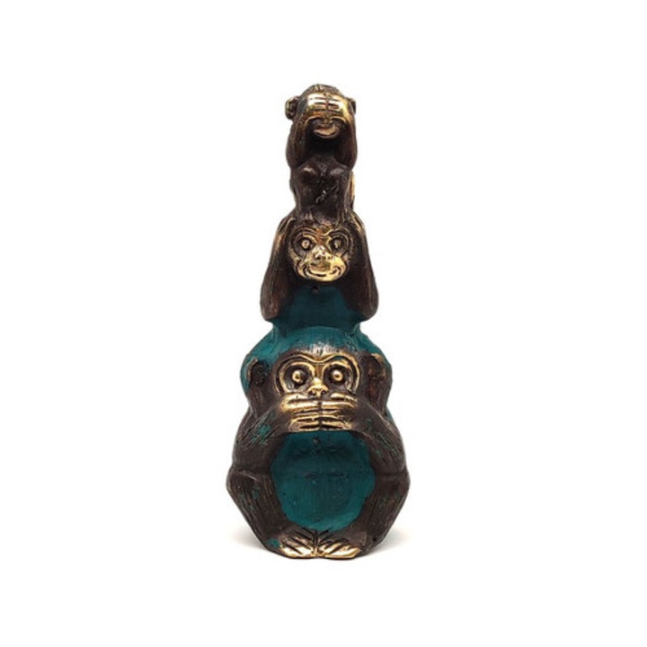 Figurină din alamă Trei maimuțe înțelepte auriu-albastru 10x4cm