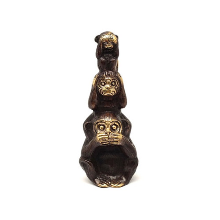 Figurină de cupru Trei maimuțe înțelepte auriu antic 10x4cm