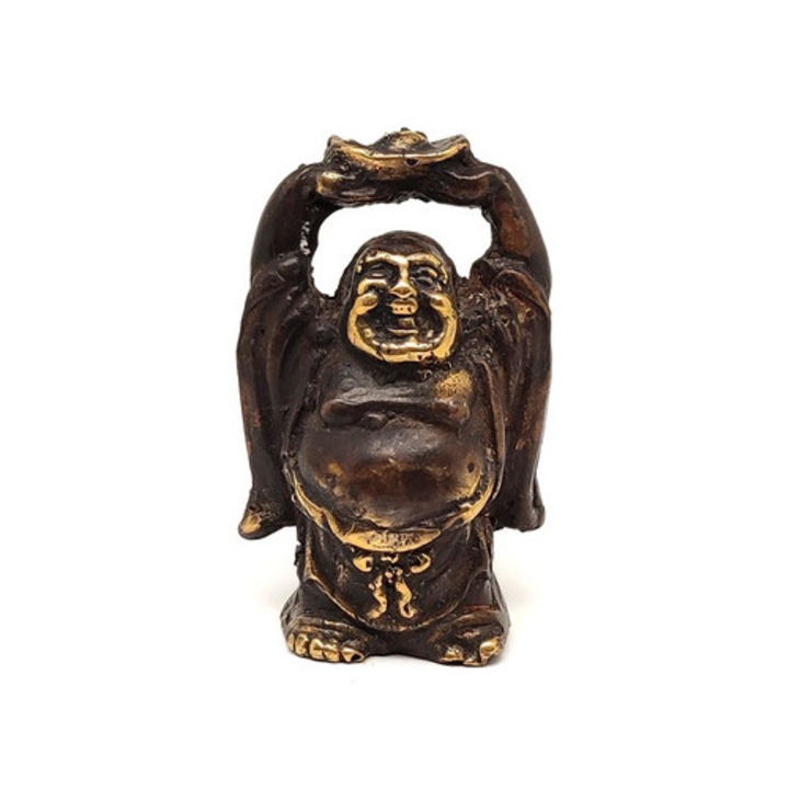 Figurină din cupru Buddha râzând, auriu antic, noroc 7x4cm