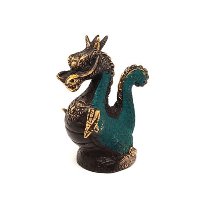 Figurină de cupru Dragon protector auriu antic albastru 5x7cm
