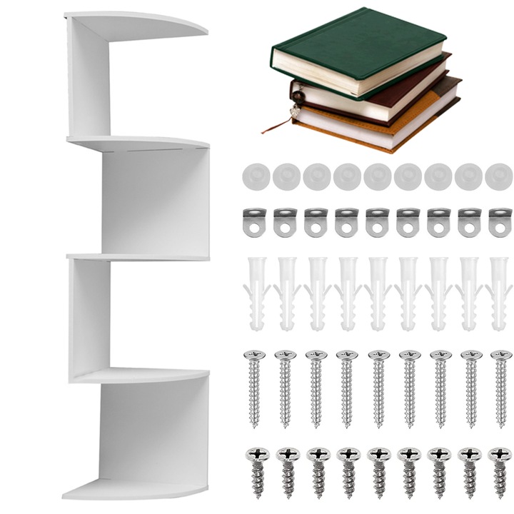 Juksun Raft spiralat decorativ 4 niveluri, distanta 20 cm intre rafturi, material PVC lemnos, asamblare usoara, fixari incluse – Pentru CD-uri, rame foto, suveniruri, Alb