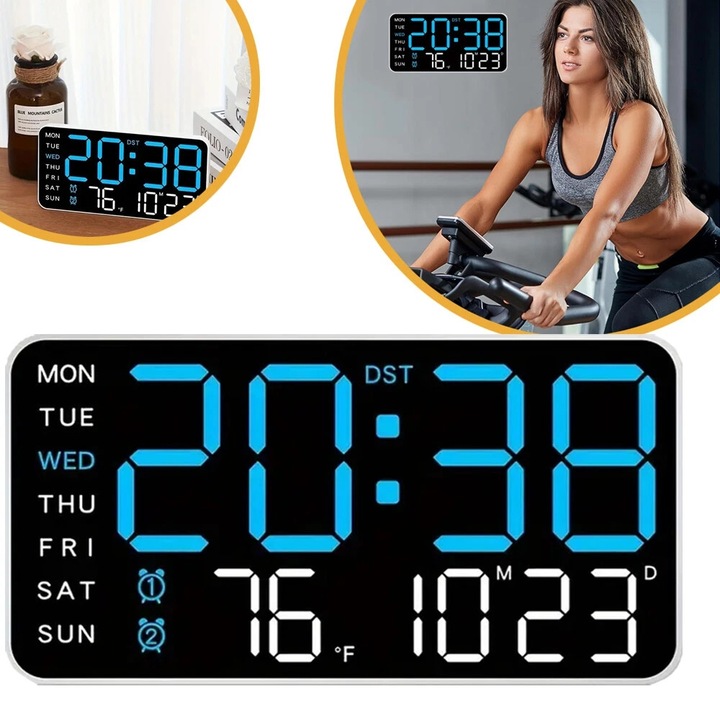Juksun Ceas digital cu afisaj LED, cifre mari, temperatura interioara, 5 niveluri luminozitate, alimentare USB/baterii, format 12/24h, Pentru living, dormitor, birou, Alb