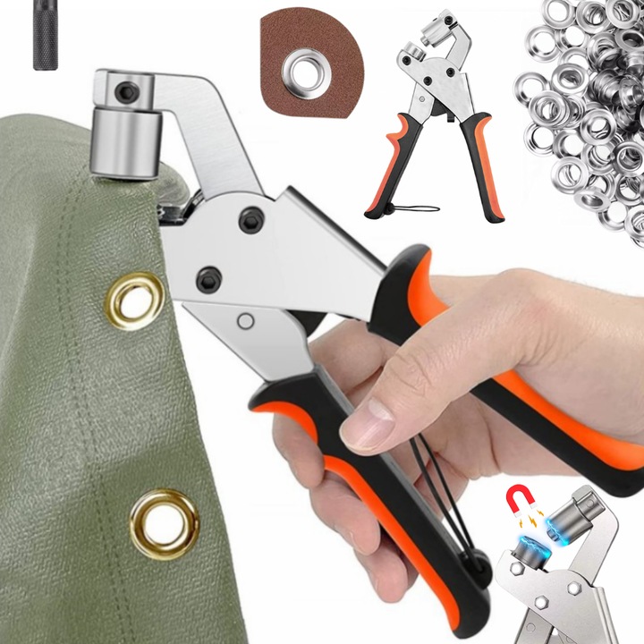 Clește presare ocheți metalici, ZAXER, set 600 ocheți, magnetic, negru-portocaliu, 21x13, 8cm