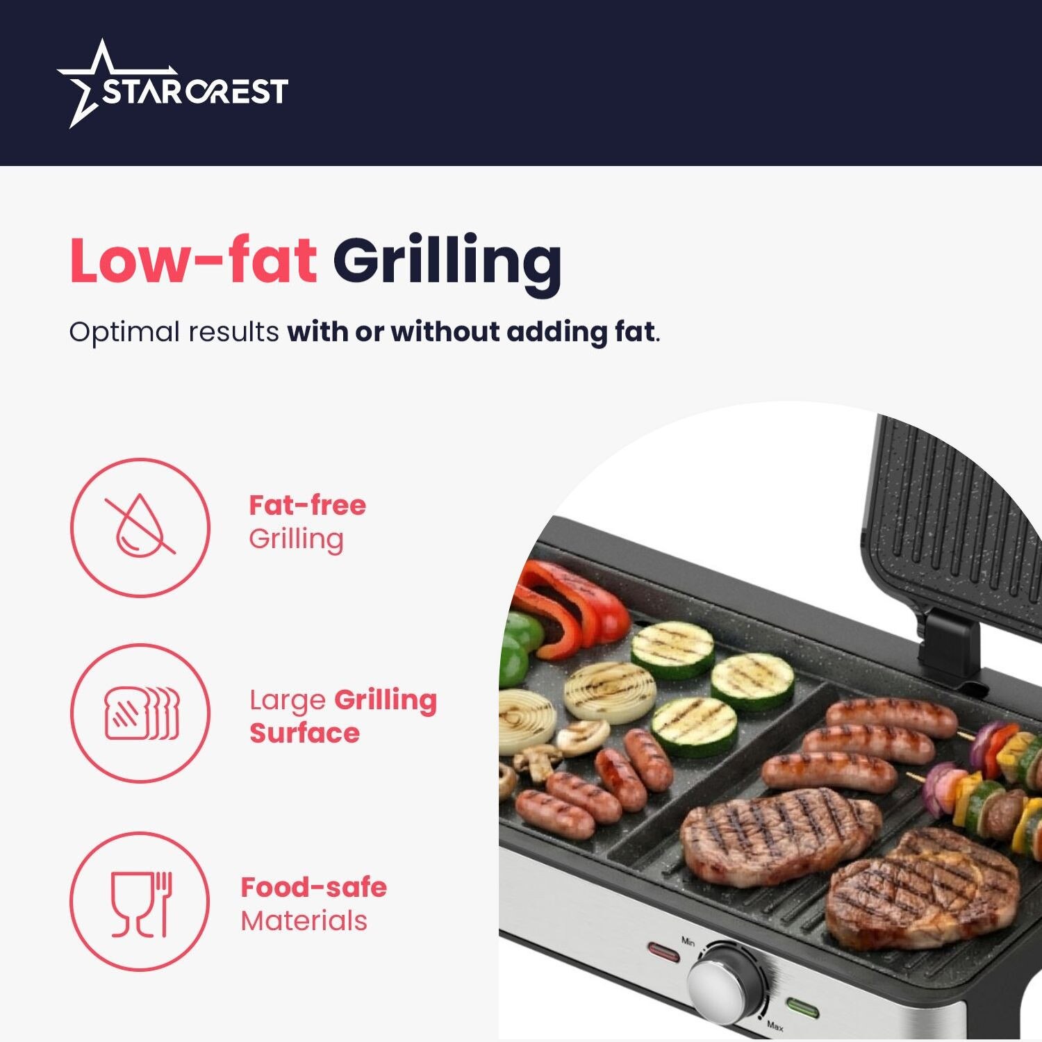 Starcrest Електрически грил STARCREST SGR-4423, 2100 W, регулируем термостат ...