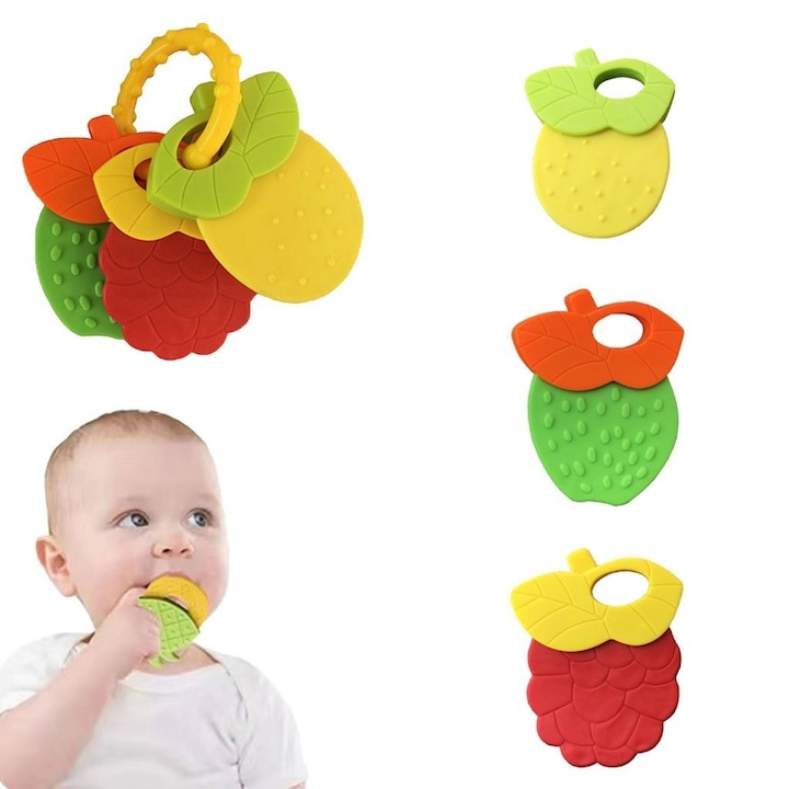 Jucarie dentitie pentru bebelusi din silicon cu apa, inel cu 3 chei, design jucaus in forma de fructe, set moale, non-toxic, pentru sugari, potrivit pentru baieti si fete, se spala doar manual