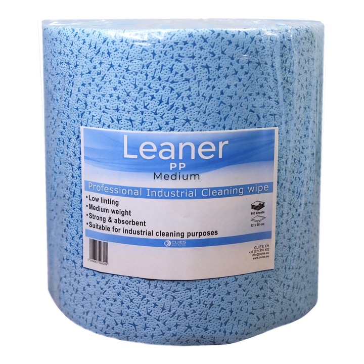 Leaner PP Medium polipropilén dombornyomott kék ipari törlőkendő tekercs, 70 g/m2, 32 x 38 cm, 500 lap/tekercs