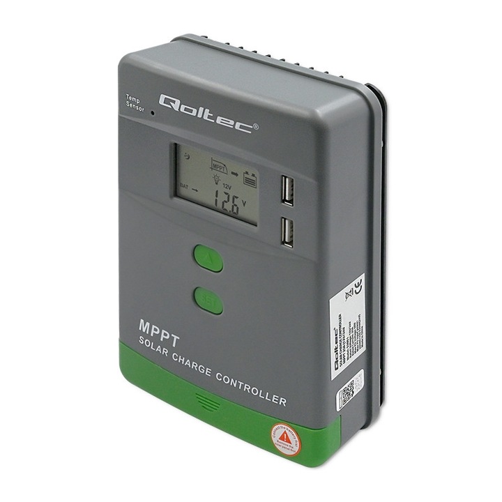 Qoltec MPPT nape töltésszabályozó hőmérséklet-érzékelővel 20A, 12V / 24V, LCD, 2 x USB, Bluetooth