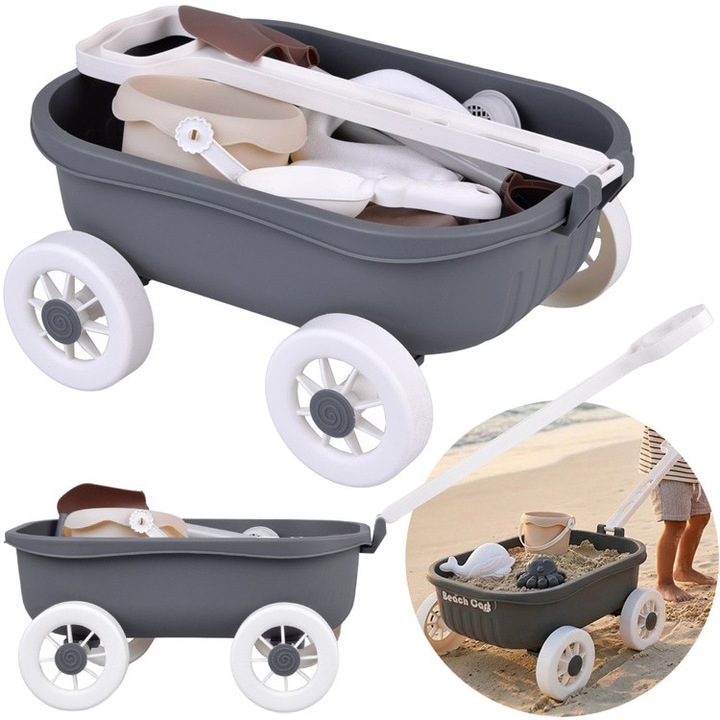 Елегантен комплект за пясък с количка, кофа, формички, аксесоари - 16 части