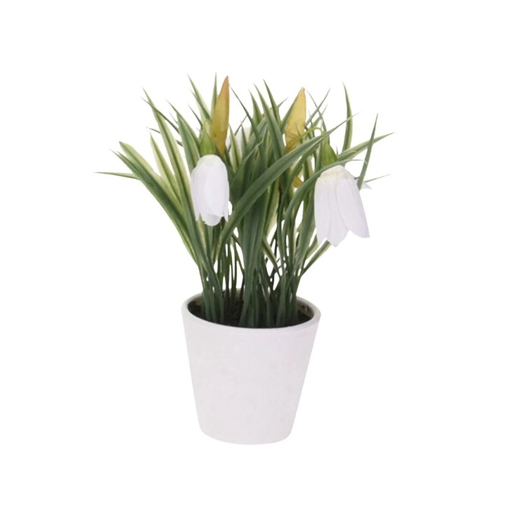 Planta artificiala cu Ghiocei decorativi 21 cm in ghiveci alb – decor interior modern