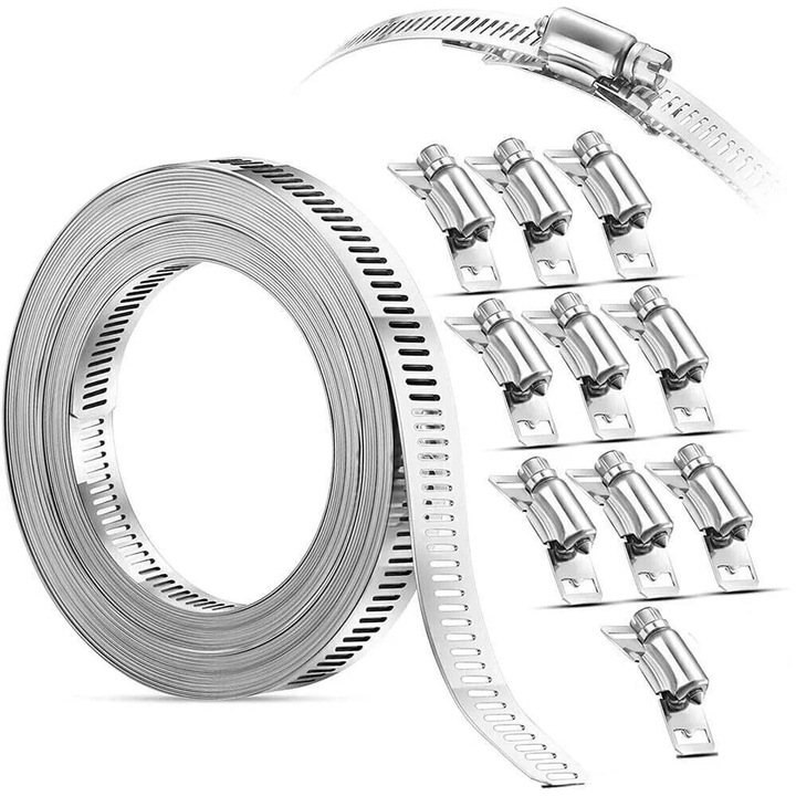 Set coliere universale Onuvio, inox 304, banda perforata 5m, 10 cleme ajustabile, rezistent la coroziune