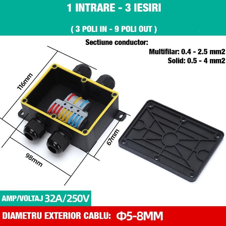 Doza de legatura exterior PA66, IP68 rezistent la apa, 1 intrare 3 iesiri, conector rapid cu levier 933 – cabluri Ø 5–8 mm, sectiune pana la 4 mm2, 32A 250V – Onuvio