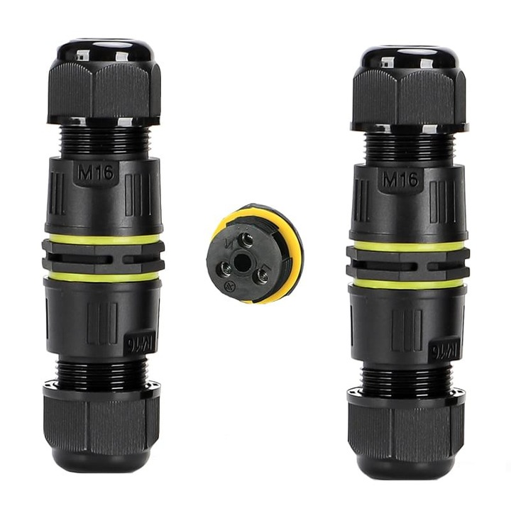 Set 2 buc, Conector in linie impermeabil IP68, exterior, M16, 3 poli, sectiune cablu 0.5-2.5 mm2, diametru cablu 3-6.5 mm - Onuvio®