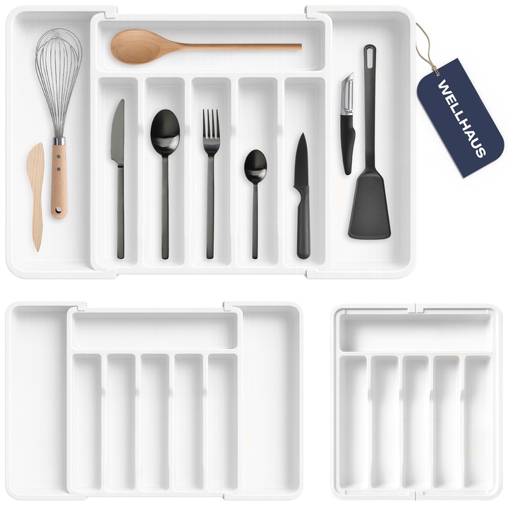 Evőeszköztartó fiókrendező WELLHAUS, kihúzható és állítható, konyhai rendszerező, fehér