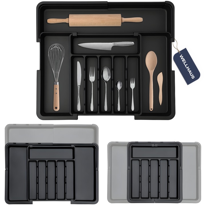 Evőeszköztartó fiókrendező WELLHAUS, kihúzható és állítható, konyhai rendszerező, fekete