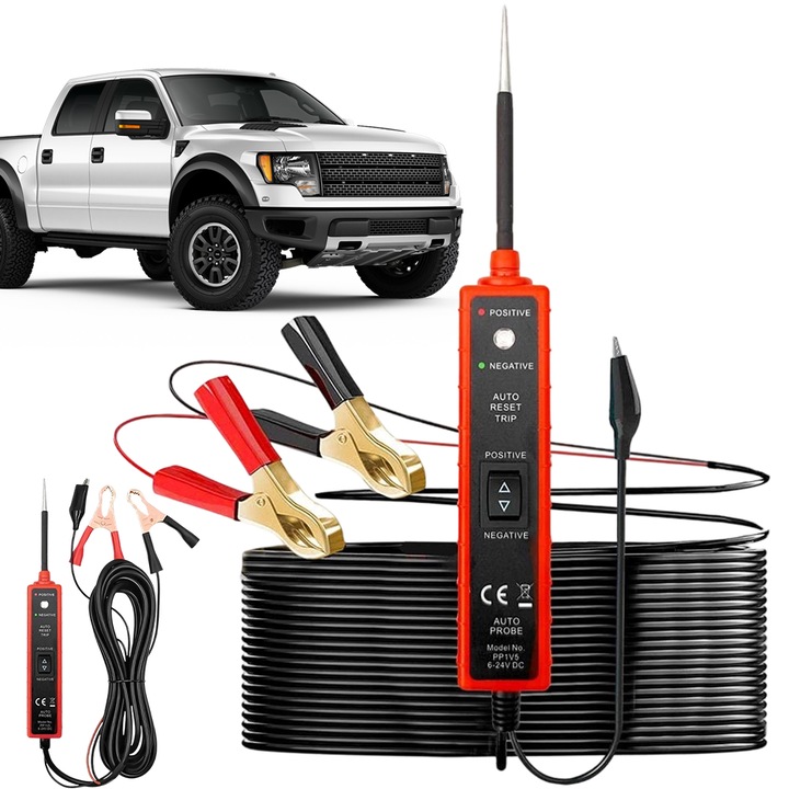 Juksun Tester circuit electric 6-24V DC, cablu 4 metri, protectie suprasarcina 8A, comutator basculant pozitiv/negativ, clesti rosu si negru, pentru masini, camioane, furgonete