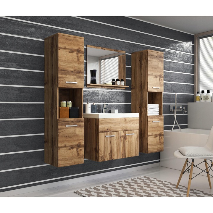 Set mobilier baie Montreal, Bratex, 4 elemente, umywalka 60x35cm, 2 slupki, mat Wotan