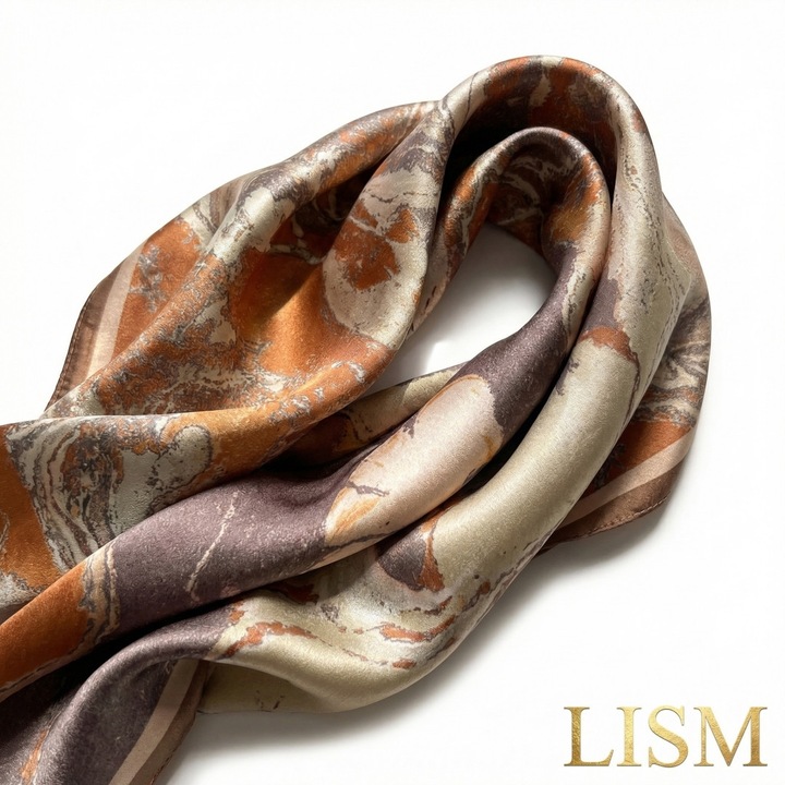 Esarfa Dama din Matase Naturala 100% LISM, 53x53 cm, Design Abstract Maro-Crem, Stil Office / Bandana, Cutie Cadou Premium