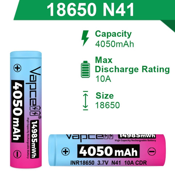 Acumulator 18650 Vapcell N41, button top, capacitate 4050 mAh, intensitate 10A, 3.7V, cu protectie