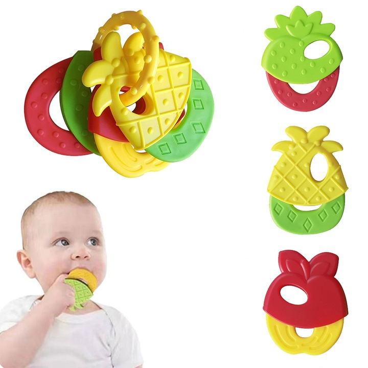 Jucarie dentitie pentru bebelusi din silicon cu apa, inel cu 3 chei, design jucaus in forma de ananas, set moale, non-toxic, pentru sugari, potrivit pentru baieti si fete, se spala doar manual