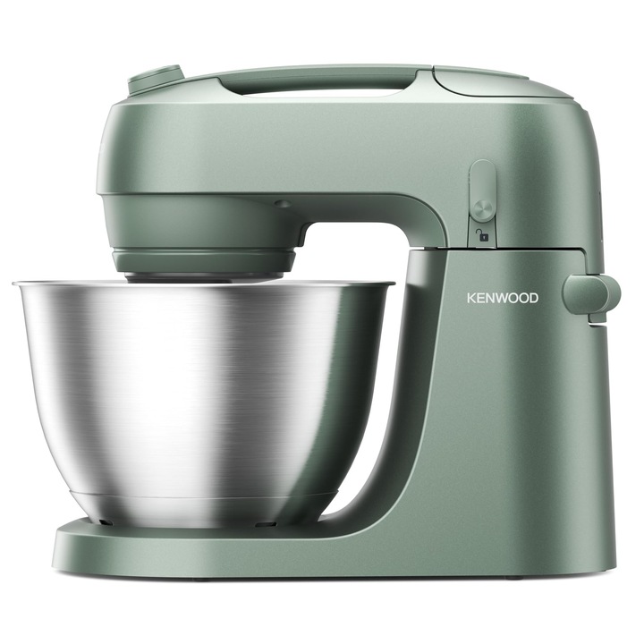 Kenwood Go, Robot de bucatarie compact pentru coacere, design care economiseste spatiu, cu bol de 4 L, 3 unelte de amestecare metalice reglabile pe inaltime, protectie rotativa impotriva stropilor, 6 nivele, maner de transport, 800 W, verde (KZM35000GR)