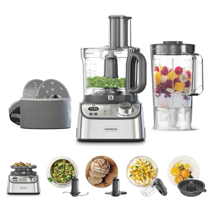 Robot de bucatarie Kenwood FDM71.450SS MultiPro Express Weigh cu 8 accesorii dedicate, viteza reglabila cu functie puls, cantar digital integrat, capacitate 3 l, argintiu