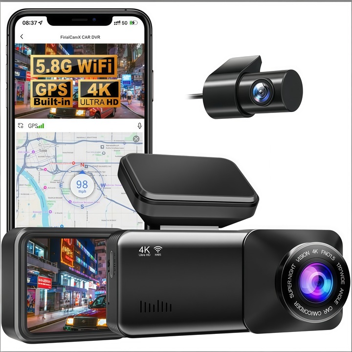 Autós fedélzeti kamera FULL HD 4K HDR/WDR 3 hüvelykes LCD kijelzővel, 170°-os látószög, G-szenzor, mozgásérzékelés, fekete. Hurokfelvétel, éjjellátó, tolatókamera a csomagban.