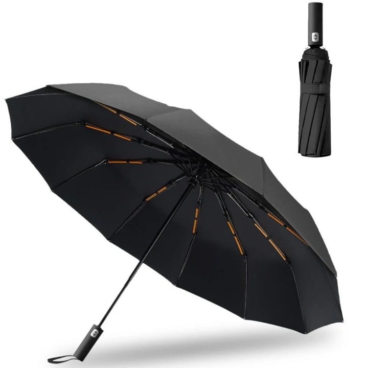 Umbrela, deschidere automata, protectie UV 50+, pliabila, 12 spite, diametru 105 cm, negru, Dactylion®