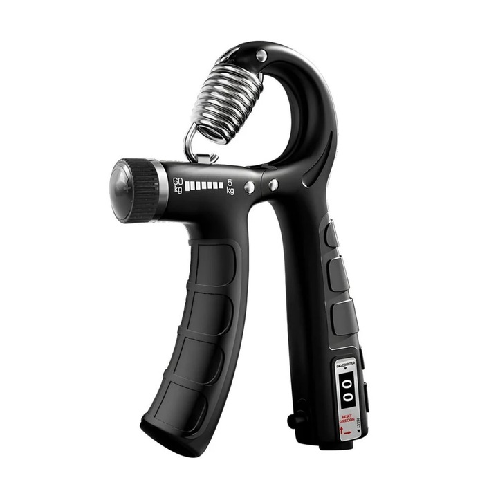 Flexor pentru mana, antebrat, 5-60 kg, contor electronic, maner antiderapant, ergonomic, otel inoxidabil/ABS, 16 x 9 x 2 cm, negru, Dactylion®