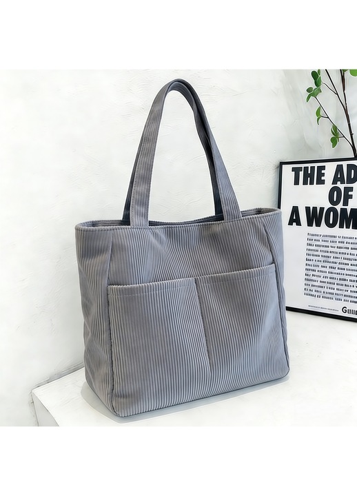 Geanta tote dama retro din corduroy, LUXWTB, gri, multi-buzunar, capacitate mare si rezistenta, pentru umar, ideala pentru calatorii zilnice si cadouri de sarbatori