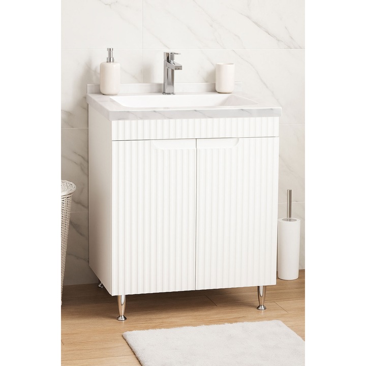 Mobilier de baie Baza MDF KIT si lavoar granit Dubai, cu soft-close, Badenmob, seria 833, 60x83x46cm, Alb Rustic