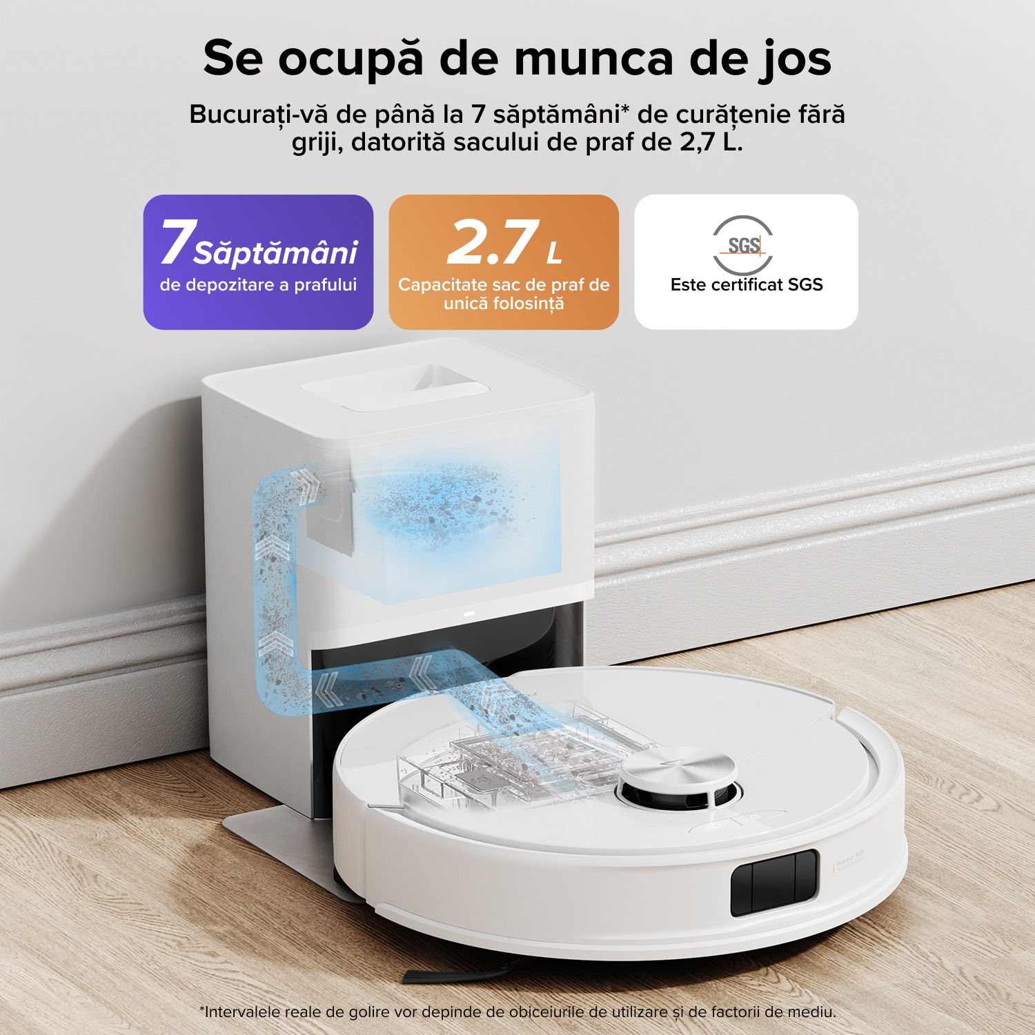 Aspirator Robot Roborock Q10 S5+ Set 10000 Pa, Dublu Sistem Anti-Incalcira, Evitarea Obstacolelor, Auto-golire 7 Saptamani, Navigatie PreciSense LiDAR, Control prin Aplicatie, Alb