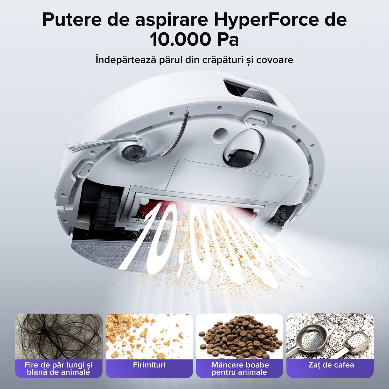 Aspirator Robot Roborock Q10 S5+ Set 10000 Pa, Dublu Sistem Anti-Incalcira, Evitarea Obstacolelor, Auto-golire 7 Saptamani, Navigatie PreciSense LiDAR, Control prin Aplicatie, Alb