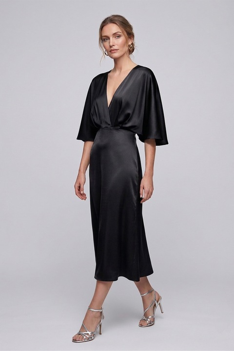 Noria Anis, Rochie din satin cu decolteu drapat, Negru