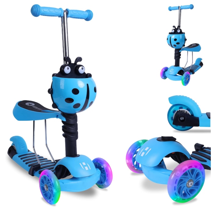 Trotineta 3 in 1 copii cu sezut, roti LED si cos Buburuza, ghidon reglabil 3 trepte, pliabila, max. 25 kg, 3 ani+, albastra [5]