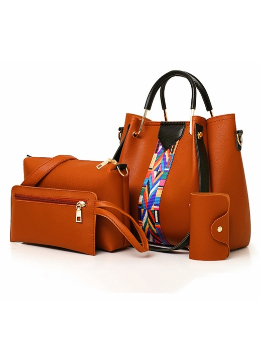 Set 4 Genti Dama, Tote si Crossbody, Design Bicolor, Capacitate Mare, Maro, 25x25x13cm, potrivit zi de zi si Calatorii, Cadou Perfect