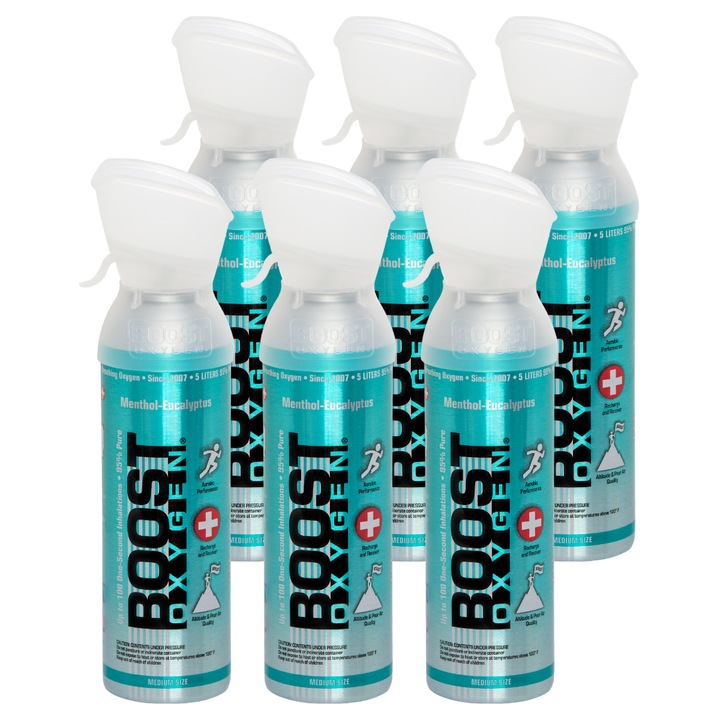 Boost Oxygen Set 6 butelii de 5L Oxigen pur cu aroma de mentol-eucalipt, pentru sportivi si activitati la altitudine