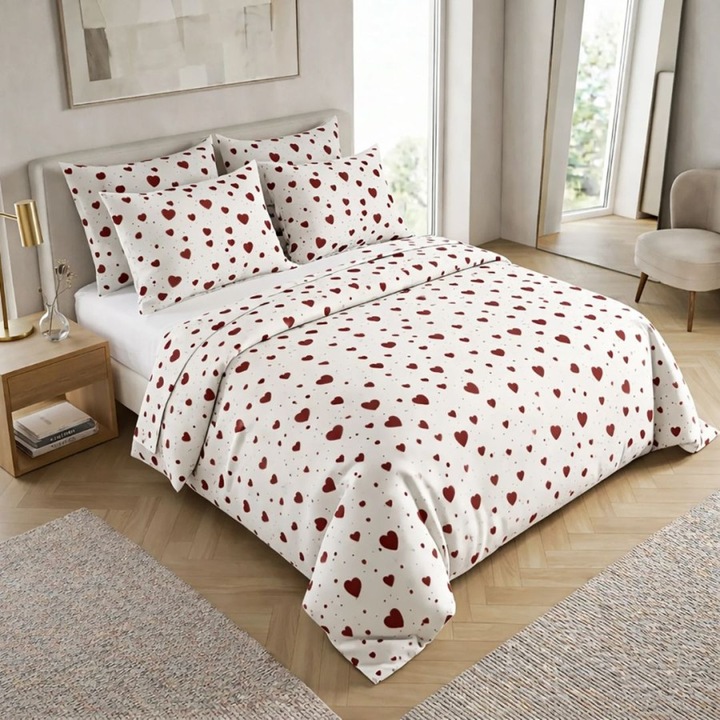 Спално бельо за двойно легло, 100% сатениран памук, долен чаршаф 240x270 см, плик за завивка 220x240, 4 части, Специално спално бельо, Бордо сърца