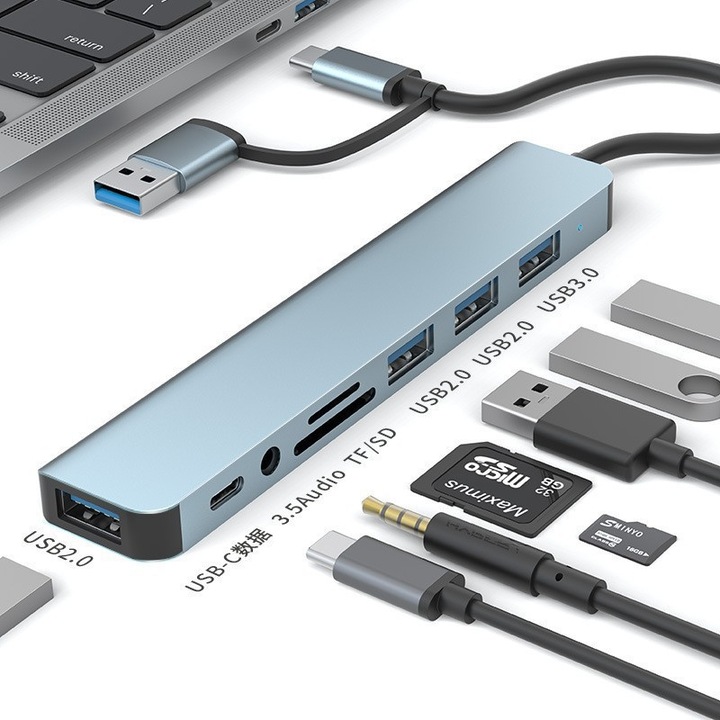 Hub USB 3.1 Type-C si 3.0, 8 in 1, cu cititor SD/TF, compatibil MacBook Pro/Air, laptopuri, tablete, argintiu