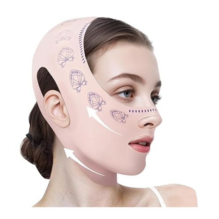 Curea pentru fata subtire, reutilizabila, eliminator de dubla barbie, roz, pentru utilizare in timpul somnului