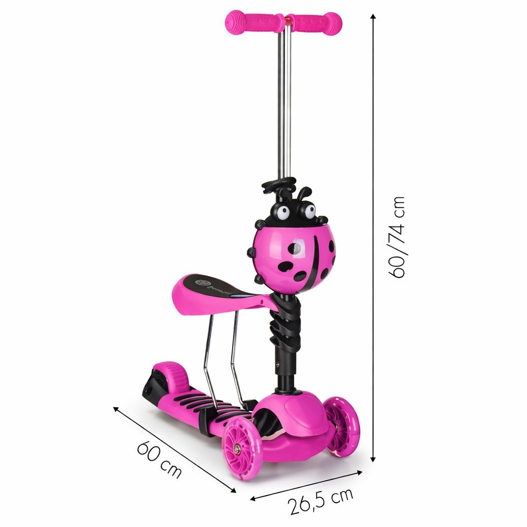 Trotineta copii 3 in 1 cu sezut, roti LED si cos Buburuza, ghidon reglabil 3 trepte, max. 25 kg, roz [3]