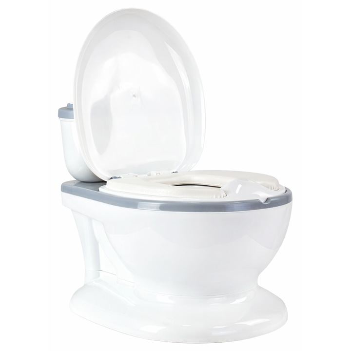 Olita muzicala pentru copii Little Mom Grey, model educativ, design realist tip minitoaleta, adaptor moale din spuma PU, capac rabatabil, vas colector detasabil