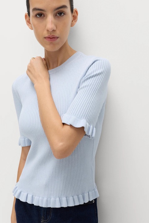 Marks & Spencer, Pulover slim fit cu terminatii cu volane, Albastru glaciar